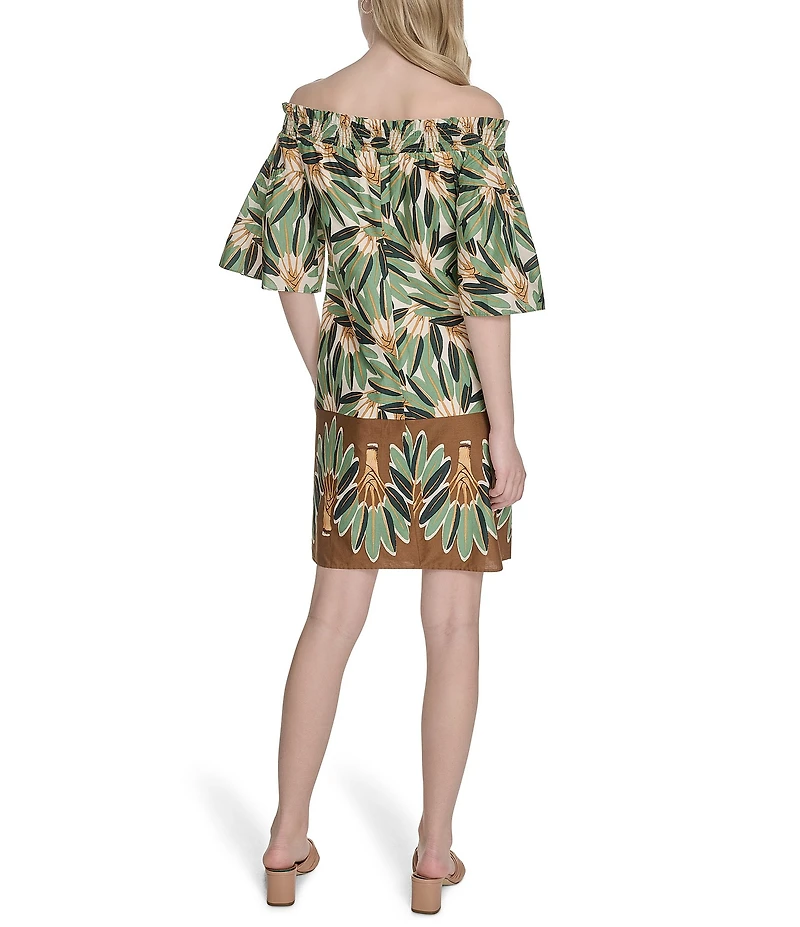 Vince Camuto Printed Poplin Off-The-Shoulder Short Sleeve Shift Dress
