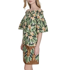 Vince Camuto Printed Poplin Off-The-Shoulder Short Sleeve Shift Dress