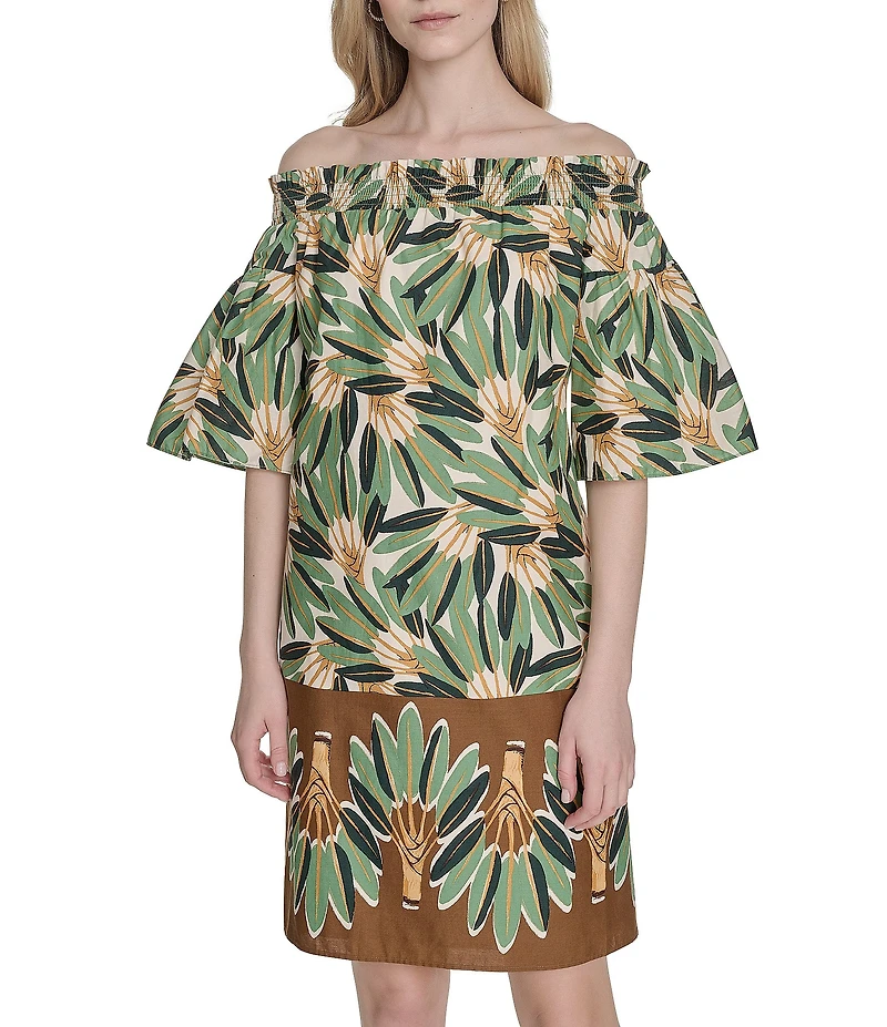 Vince Camuto Printed Poplin Off-The-Shoulder Short Sleeve Shift Dress