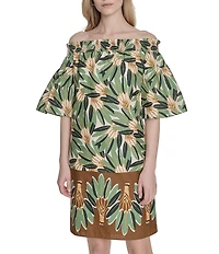 Vince Camuto Printed Poplin Off-The-Shoulder Short Sleeve Shift Dress