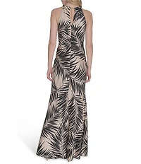 Vince Camuto Printed Satin Beaded Halter Neck Sleeveless Gown