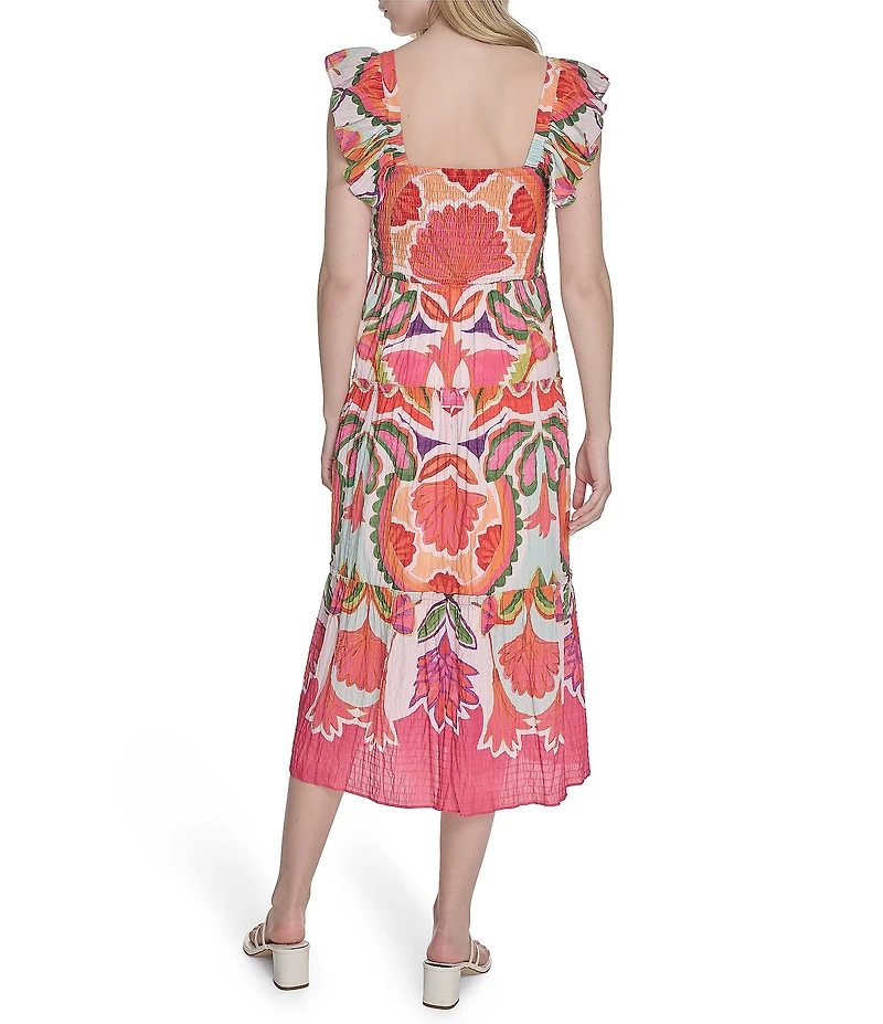 Vince Camuto Printed Square Neck Sleeveless Tiered Midi Dress