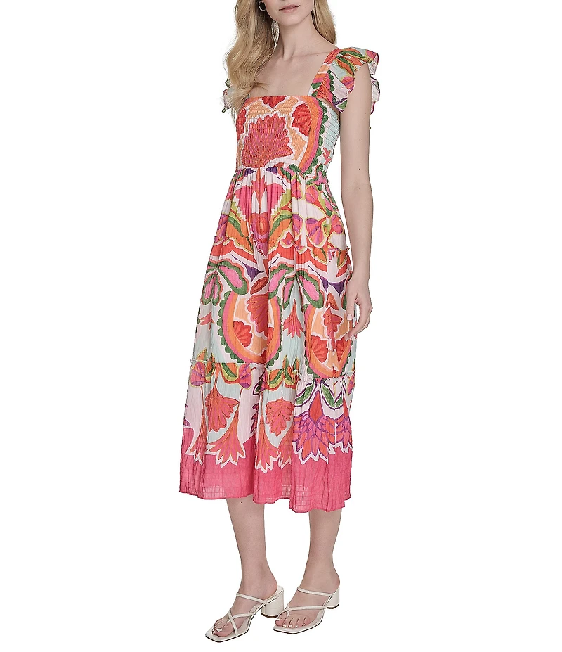 Vince Camuto Printed Square Neck Sleeveless Tiered Midi Dress