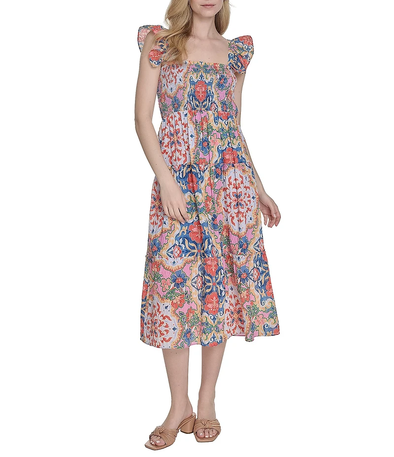 Vince Camuto Placement Print Square Neck Sleeveless Tiered Midi Dress
