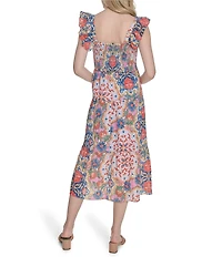 Vince Camuto Placement Print Square Neck Sleeveless Tiered Midi Dress