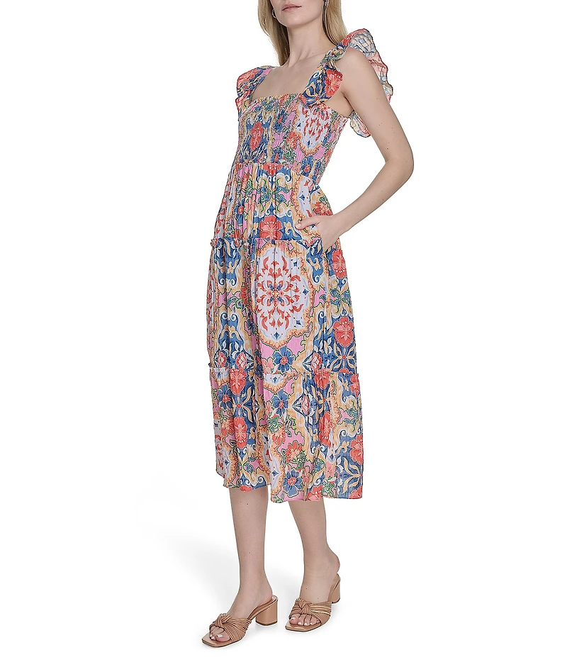 Vince Camuto Placement Print Square Neck Sleeveless Tiered Midi Dress