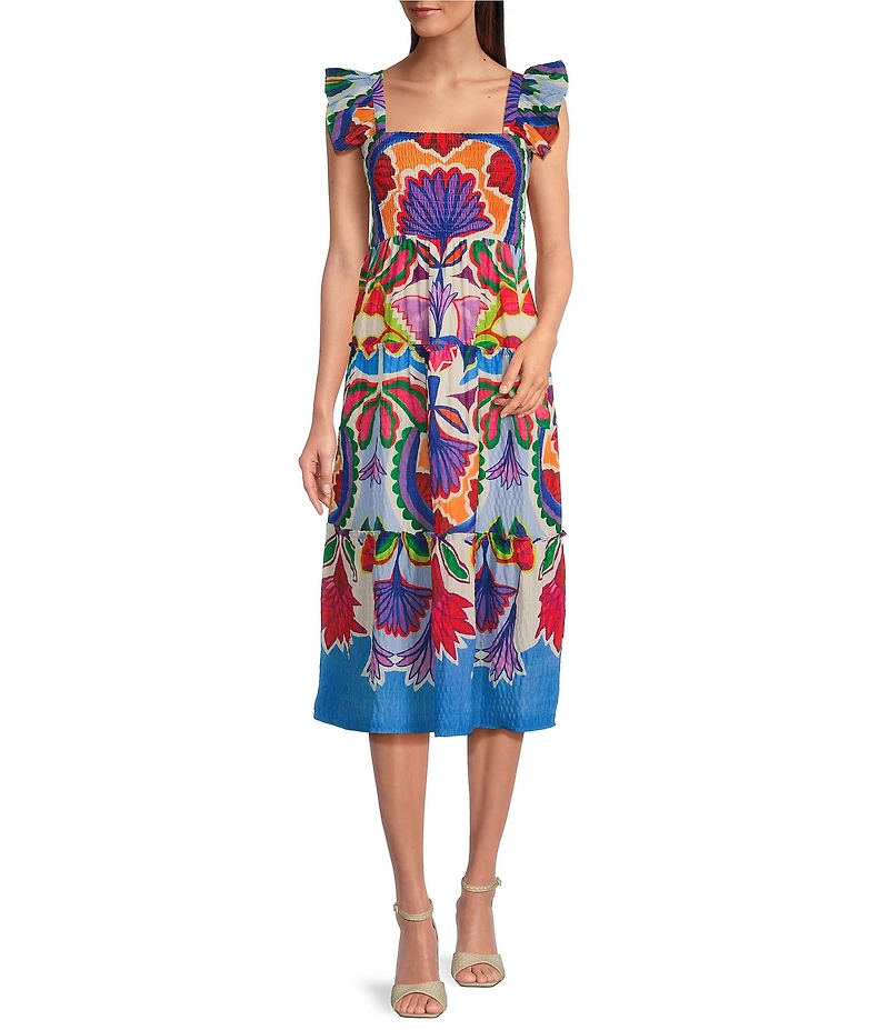 Vince Camuto Printed Square Neck Sleeveless Tiered Midi Dress