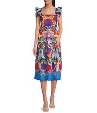 Vince Camuto Printed Square Neck Sleeveless Tiered Midi Dress