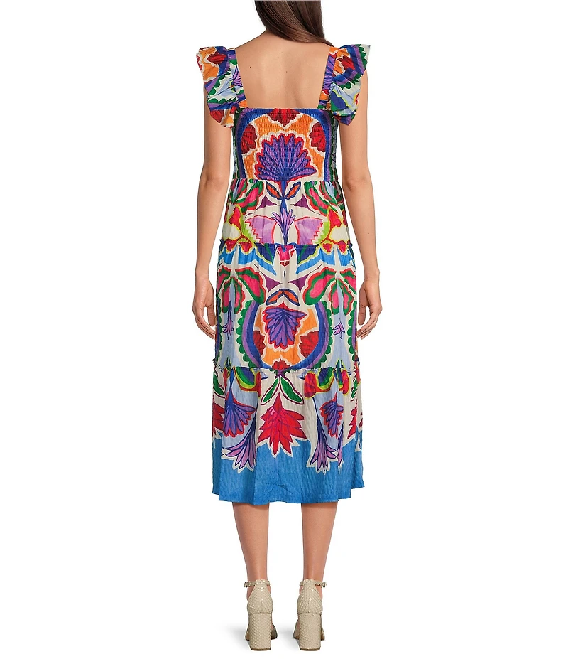 Vince Camuto Printed Square Neck Sleeveless Tiered Midi Dress
