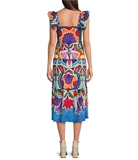 Vince Camuto Printed Square Neck Sleeveless Tiered Midi Dress