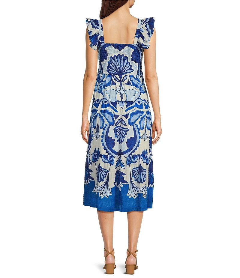 Vince Camuto Printed Square Neck Sleeveless Tiered Midi Dress