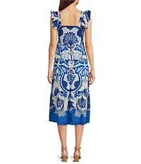 Vince Camuto Printed Square Neck Sleeveless Tiered Midi Dress