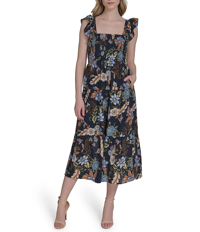 Vince Camuto Printed Square Neck Sleeveless Tiered Smocked Midi Dress