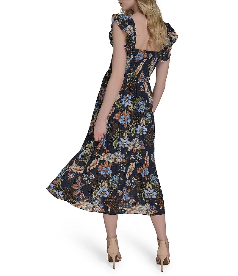 Vince Camuto Printed Square Neck Sleeveless Tiered Smocked Midi Dress