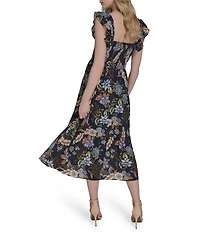Vince Camuto Printed Square Neck Sleeveless Tiered Smocked Midi Dress