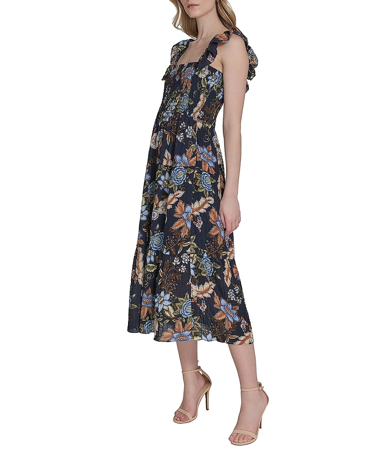Vince Camuto Printed Square Neck Sleeveless Tiered Smocked Midi Dress