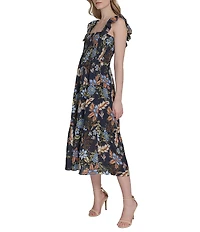 Vince Camuto Printed Square Neck Sleeveless Tiered Smocked Midi Dress