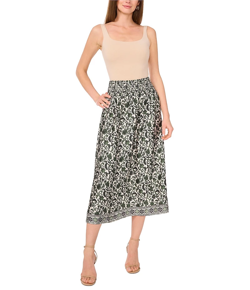 Vince Camuto Pull On Smocked Waist Printed Midi Skirt