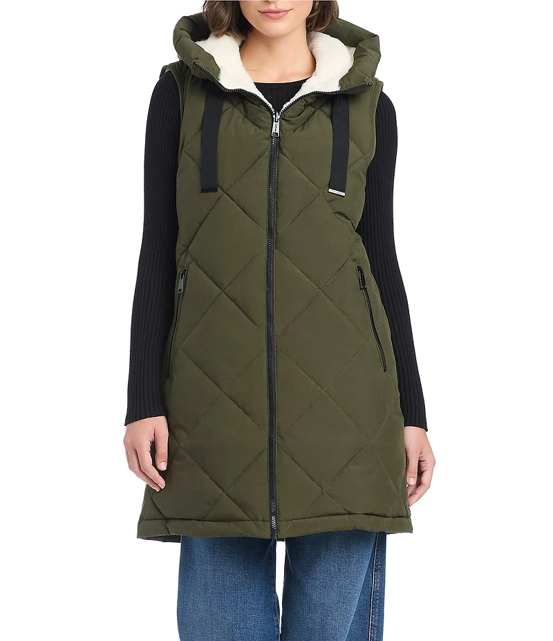 Vince Camuto Reversible Faux Fur Quilted Pattern Stand Collar Zip Front Vest