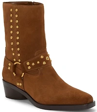 Vince Camuto Roista Suede O-Ring Harness Hardware Studded Moto Booties