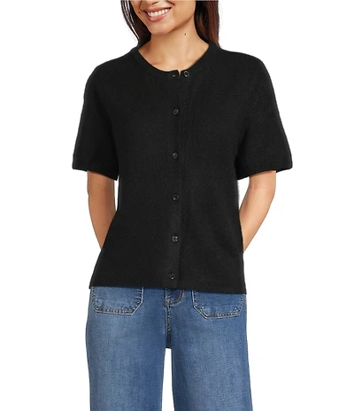 Vince Camuto Round Neck Short Sleeve Button Front Cardigan