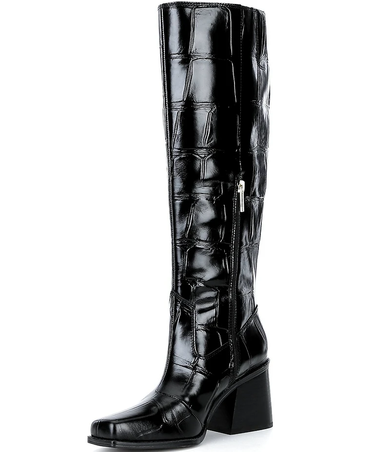 Vince Camuto Sangeti Croco Leather Square Toe Block Heel Tall Boots