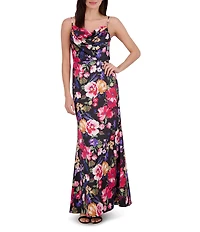 Vince Camuto Satin Floral Print Cowl Neck Sleeveless Gown
