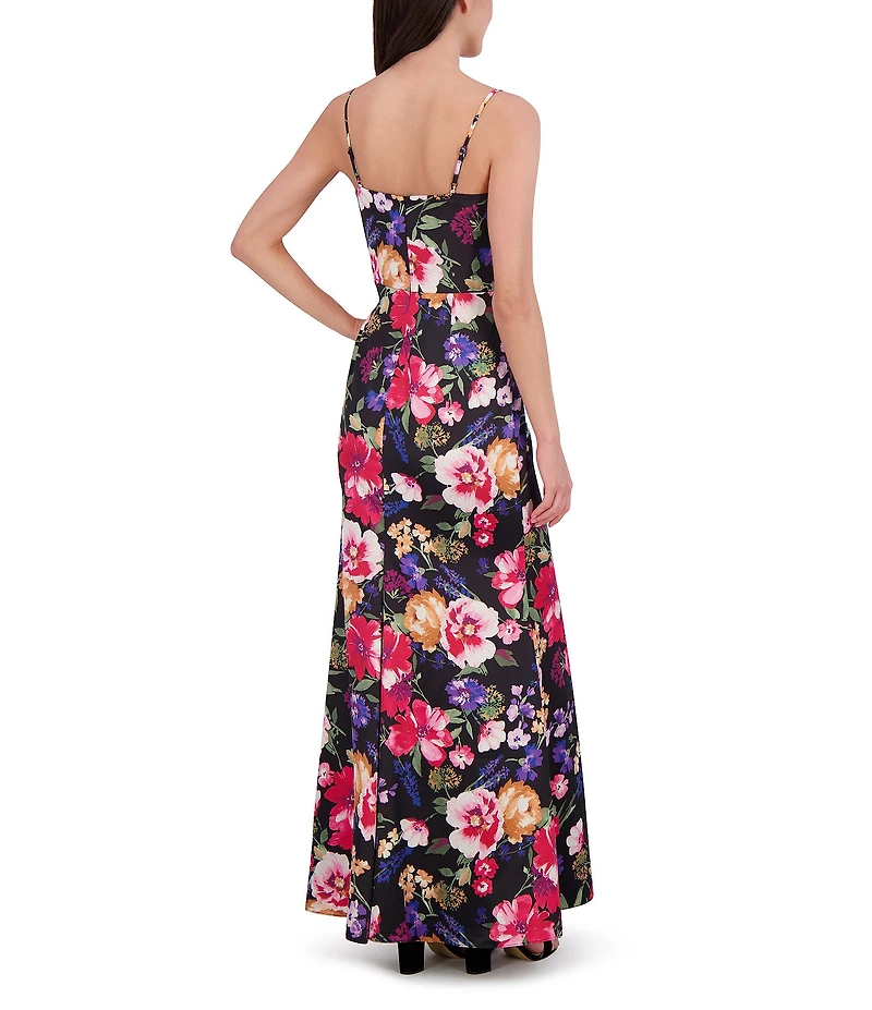 Vince Camuto Satin Floral Print Cowl Neck Sleeveless Gown