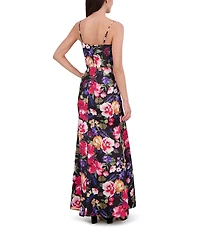Vince Camuto Satin Floral Print Cowl Neck Sleeveless Gown