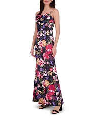 Vince Camuto Satin Floral Print Cowl Neck Sleeveless Gown