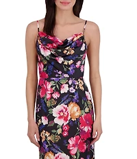 Vince Camuto Satin Floral Print Cowl Neck Sleeveless Gown