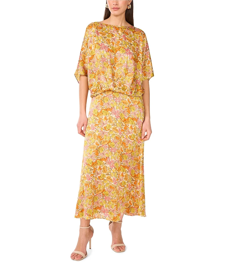 Vince Camuto Satin Floral Pull-On Midi Skirt
