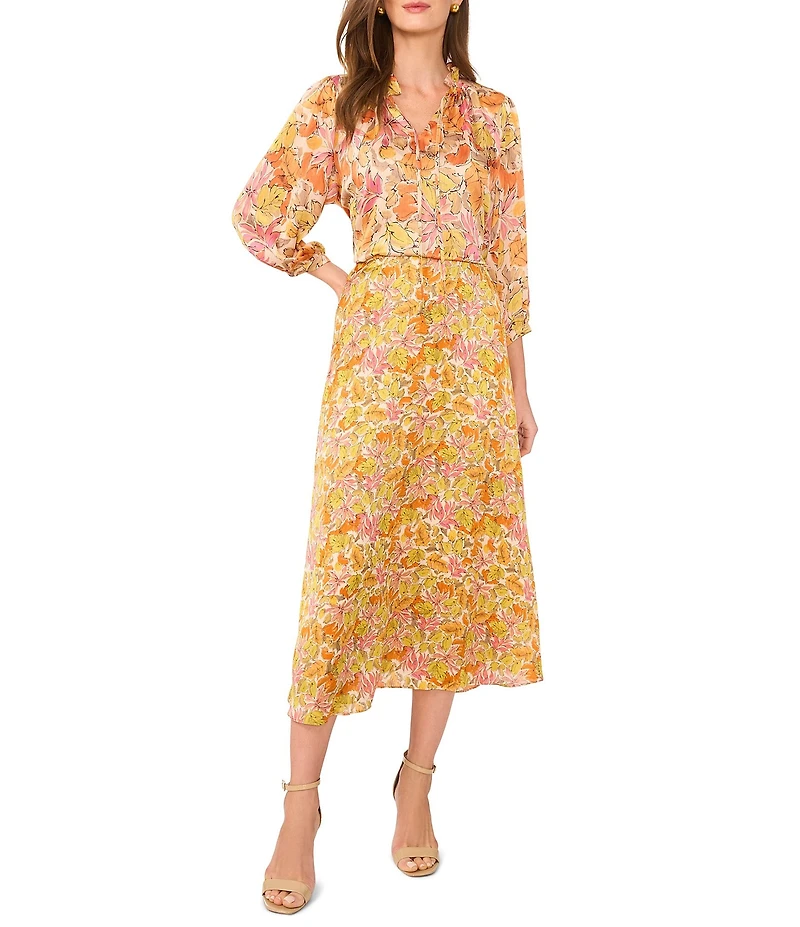 Vince Camuto Satin Floral Pull-On Midi Skirt
