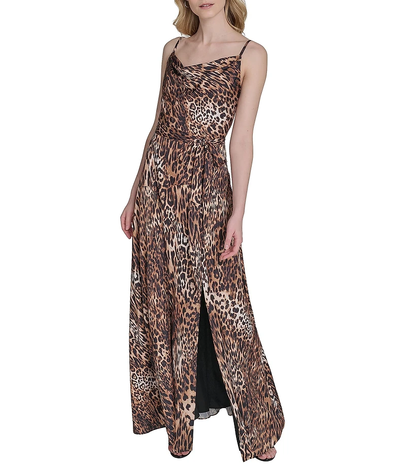 Vince Camuto Satin Leopard Print Drape Neck Sleeveless Maxi Dress
