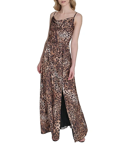 Vince Camuto Satin Leopard Print Drape Neck Sleeveless Maxi Dress