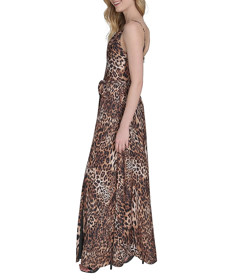 Vince Camuto Satin Leopard Print Drape Neck Sleeveless Maxi Dress