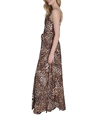 Vince Camuto Satin Leopard Print Drape Neck Sleeveless Maxi Dress