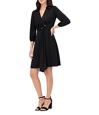 Vince Camuto Satin V-Neck Collared Long Sleeve Faux Wrap Dress