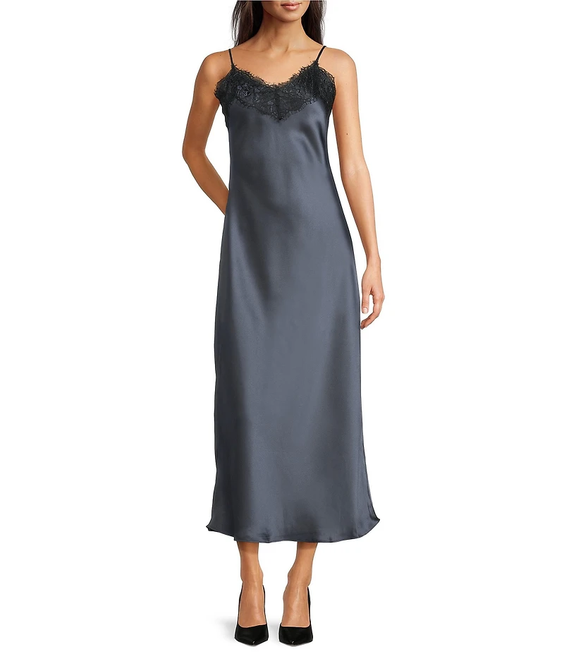 Vince Camuto Satin V-Neck Sleeveless Lace Trim Slip Dress