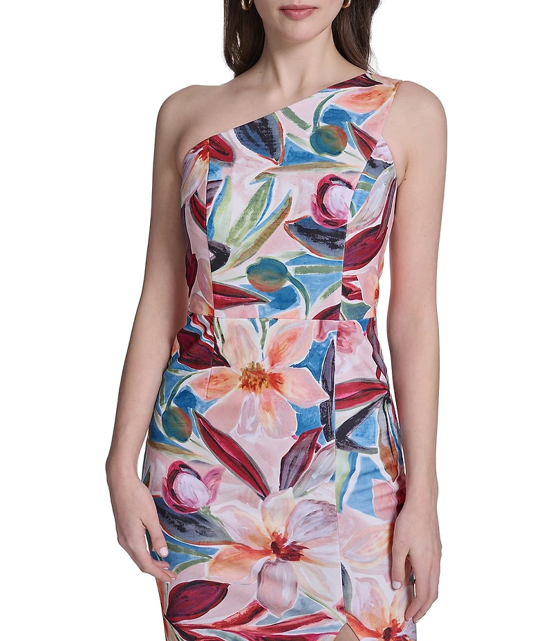 Vince Camuto Scuba Knit Floral Print One Shoulder Sheath Dress