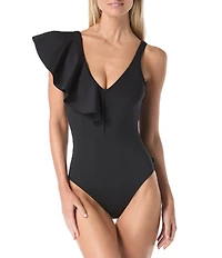 Vince Camuto Scuba V-Neck One-Ruffle Shoulder Full Coverage One-Piece Swimsuit