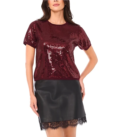 Vince Camuto Sequin Coordinating Crew Neck Short Sleeve Sweater