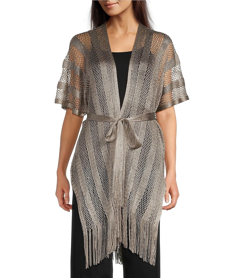 Vince Camuto Short Sleeve Mesh Net Fringe Tie Front Topper
