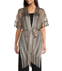 Vince Camuto Short Sleeve Mesh Net Fringe Tie Front Topper