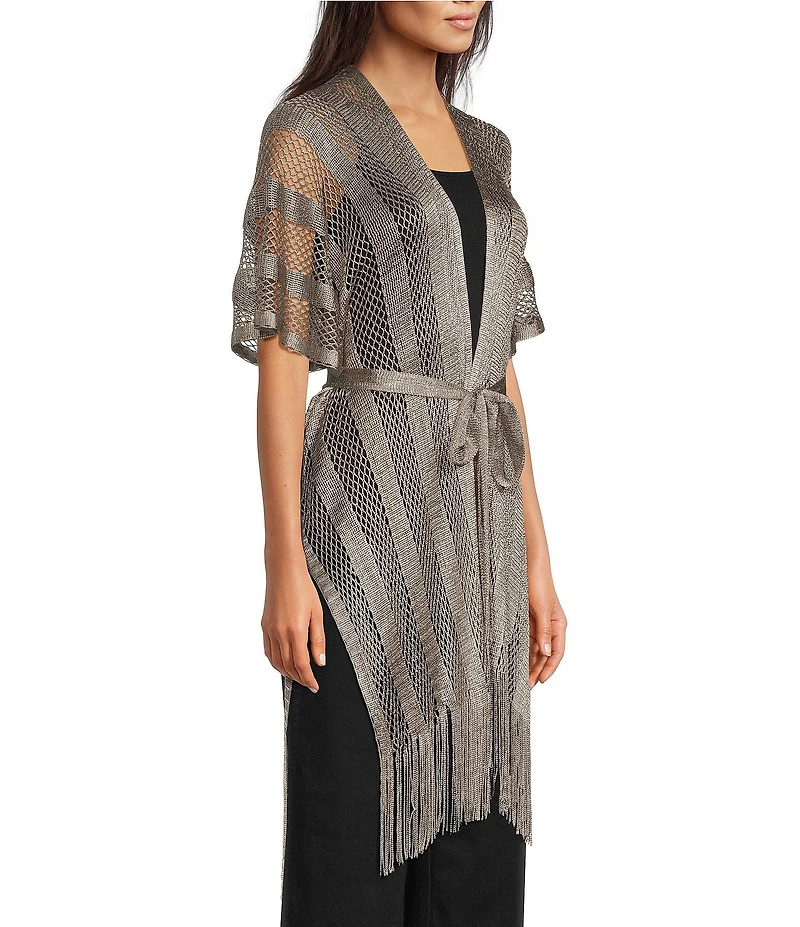Vince Camuto Short Sleeve Mesh Net Fringe Tie Front Topper