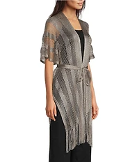 Vince Camuto Short Sleeve Mesh Net Fringe Tie Front Topper
