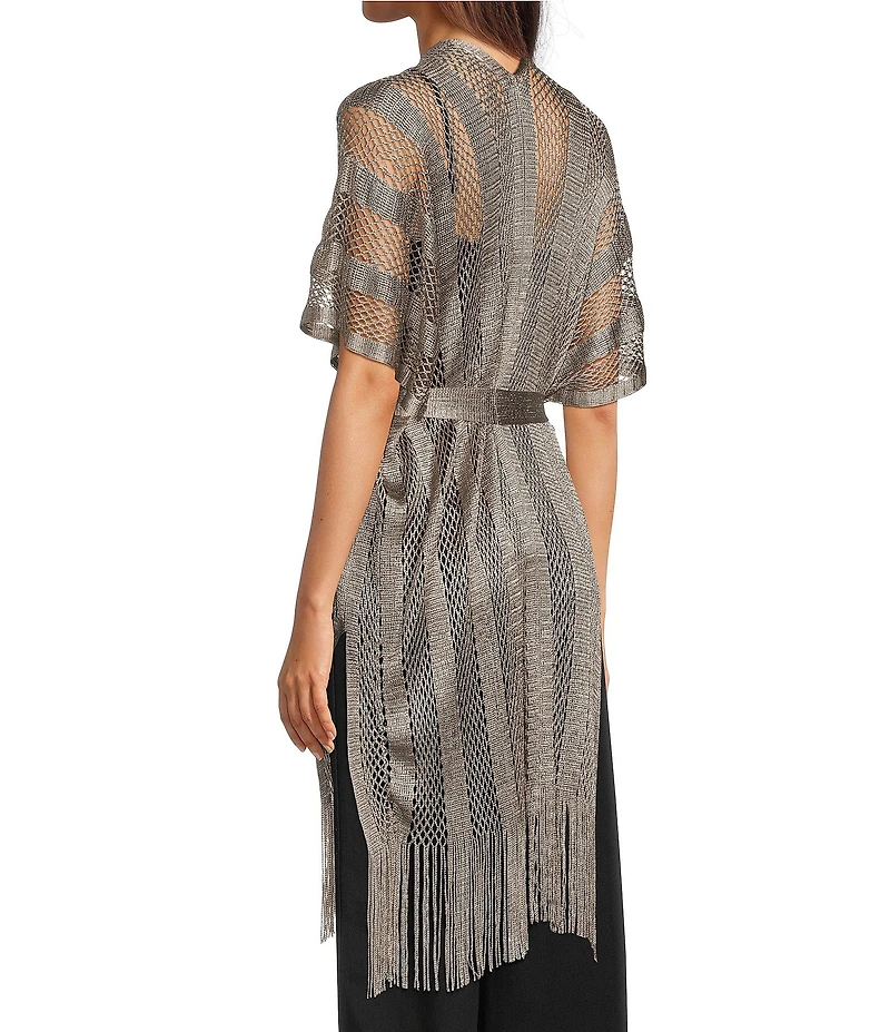 Vince Camuto Short Sleeve Mesh Net Fringe Tie Front Topper