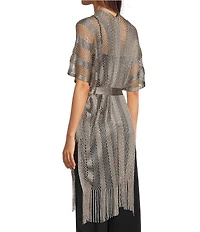 Vince Camuto Short Sleeve Mesh Net Fringe Tie Front Topper