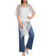 Vince Camuto Short Sleeve Mesh Net Fringe Tie Front Topper