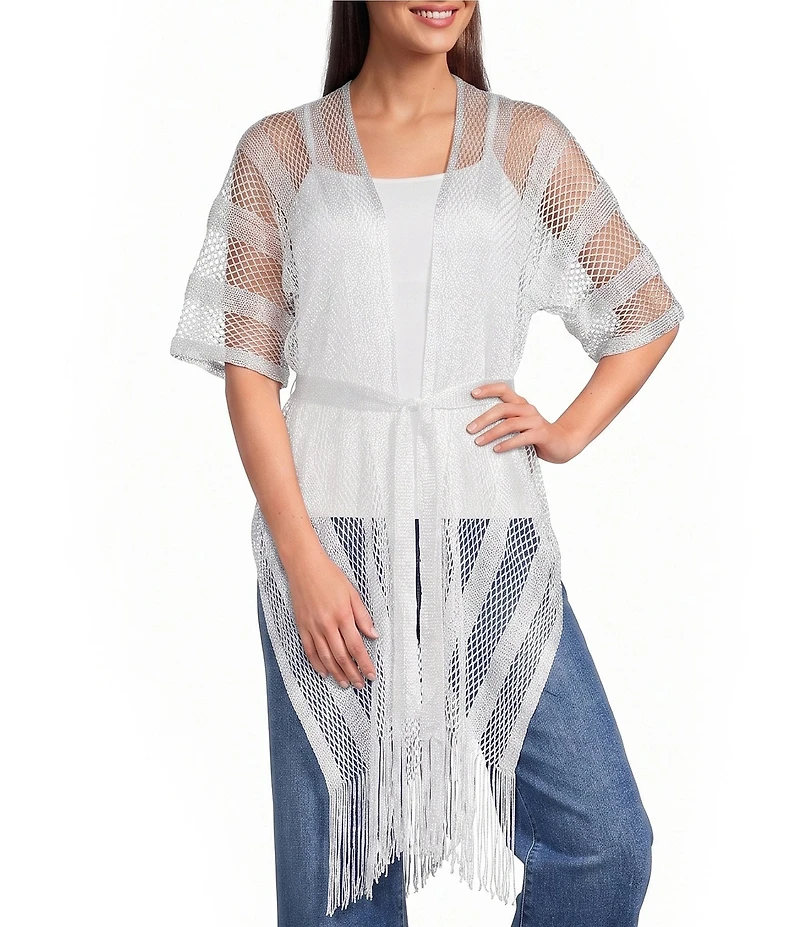 Vince Camuto Short Sleeve Mesh Net Fringe Tie Front Topper